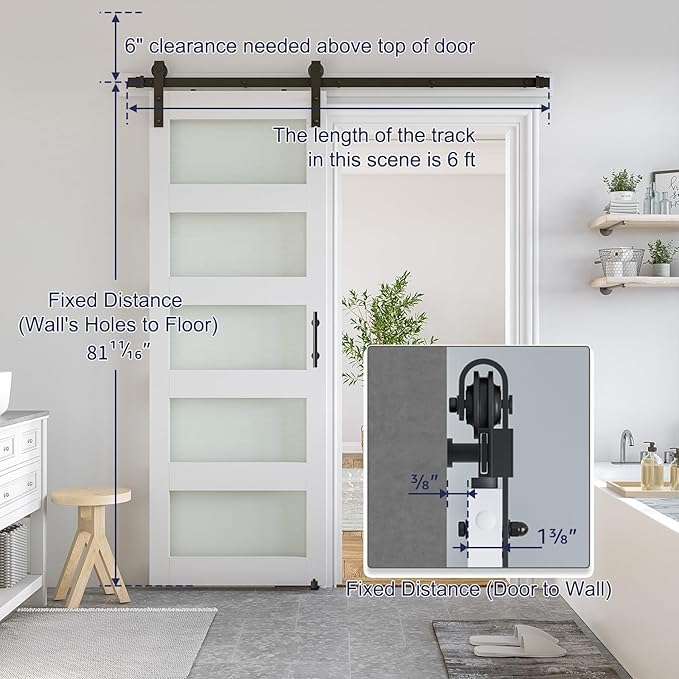 SmartStandard 32 x 80 in Glass Barn Door with 6FT Sliding Hardware Kit & Handle, Pre-Drilled Ready to Assemble, Waterproof PVC Coating, White, 5-Panel Glass