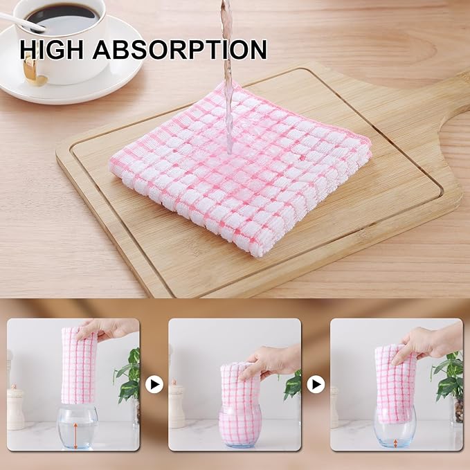 Kitinjoy Cotton 12 Pack Kitchen Towels and Dishcloths Sets, 16 x 25 Inch & 12 X 12 Inch Dish Towels Bulk, Super Soft and Absorbent Hand Towels for Kitchen Drying, Pink