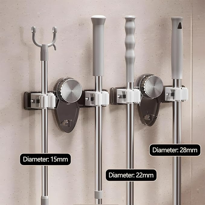Broom Holder Mop Hanger Wall Mount, No Drill Suction Cup Mop and Broom Organizer with Hooks, Space Saving Adjustable Rack Removable Mop Clip for Bathroom, Kitchen, Garage, Laundry Room (White)