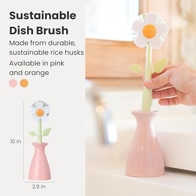 Vigar Florganic Daisy-Shaped Dish Brush with Vase Dish Brush Holder, Dish Brush with Handle, for Pot Scrubber, Kitchen Dishes, and Sink Cleaning, Pink