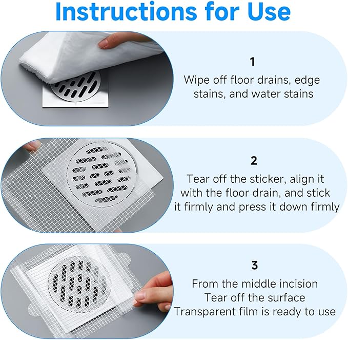 30PCS Disposable Shower Drain Hair Catcher, 4.13Inches Square Mesh Stickers, Hair Trap for Shower Drain, Adhesive Hair Stopper for Bathroom Tub Kitchen Sink, Glass Fiber Drain Filter