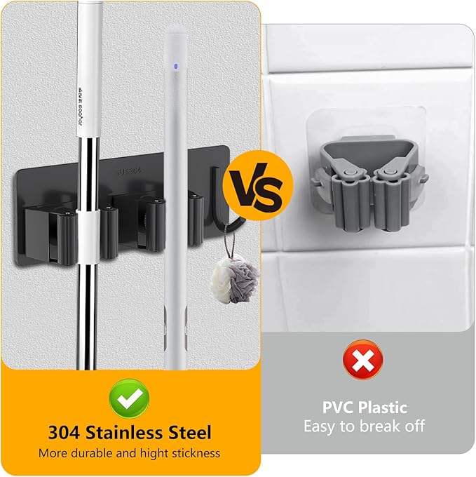 Broom Holder Wall Mount No Drill,Broom and Mop Organizer Wall Hanging Heavy Duty with Hooks Hanger, Self Adhesive Stainless Steel Broom Organizer for Bathroom, Kitchen, Laundry Room Storage (6Pcs)
