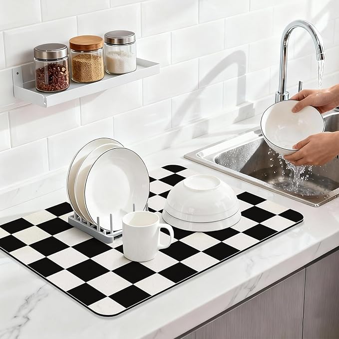Checkered Dish Drying Mat 24" x 16" for Kitchen Counter Coffee Mat Bar Accessories,Fit Uder Pot, Dish Rack,Hide Stain,Absorbent Easy Clean