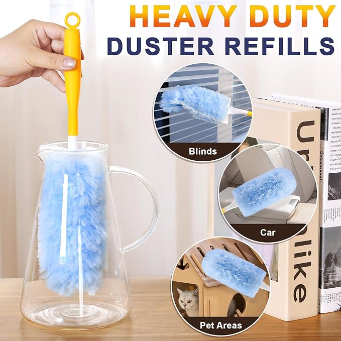 60-Pack Heavy Duty Duster Refills Compatible with Swiffer, 3FT Extendable Handle, 5X Multi-Surface Microfiber Duster for Home, Fans, Blinds, Vents & Car Cleaning