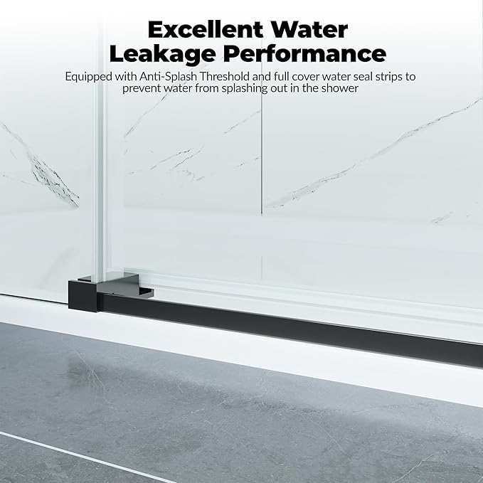 44-48" W x 76" h Frameless Sliding Shower Door – Waterproof Glass Shower Door-1/4 Tempered Clear Glass with Explosion-Proof Film, Matte Black Handle & Seal Strip