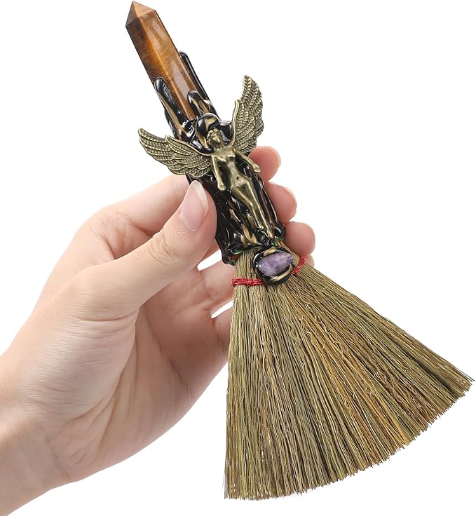 Witch Broom Witchcraft Supplies - Altar Supplies with Tiger Eye Stone Wiccan Stuff Goddess Magic Broomstick with Natural Healing Crystals Hexagonal Points Pagan Reiki Energy Clearing Decor