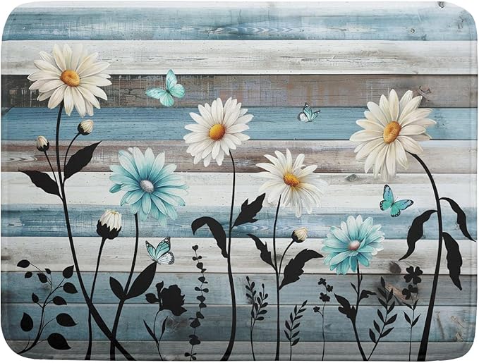 Blue White Daisy Floral Dish Drying Mat for Kitchen Counter,Sprinng Rustic Wood Drying Mat 18 x 24 Inch with Absorbent Reversible Microfiber Drying Pad for Coffee Bar