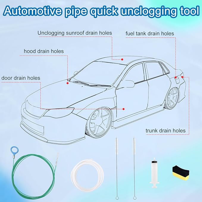 Car Sunroof Drain Cleaning Tool, Extra Long Flexible Wire Cleaner Unclogger with Straight Brush Syringe Leather Hose & Sponge for Auto Sun Roof Cover Windshield AC Line Pipe Detailing