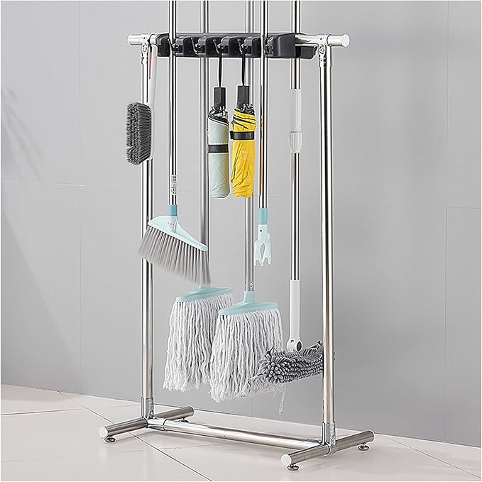 Movable Commercial Stainless Steel Mop Rack,Mop and Broom holder,Floor Standing Mop Broom Holder Cleaning Tool Rack, Umbrella Stand,Schools,Factories,Hospitals,Garage,Home Organization Must Haves ( Si