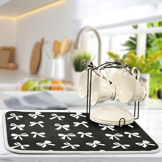 Black Bow Dish Drying Mat for Kitchen Countertop 16x18 Bowknot Coquette Rectangle Small Drying Mat Reusable Quick Dry Dish Sink Absorbent Mats Dishwasher Easy Clean Decorative Home Decor Essentials
