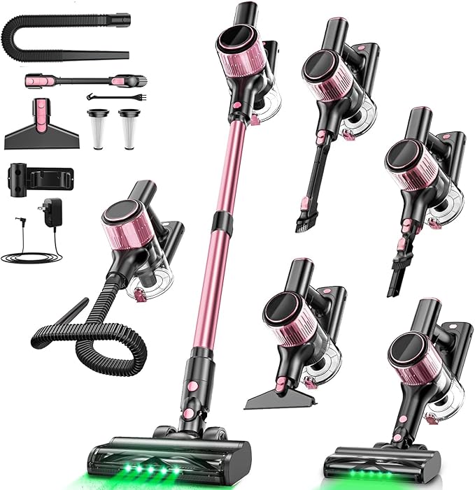 Cordless Vacuum Cleaner, 10 in 1 Stick Vacuum with Powerful Suction, Hose, Green LED Light, Anti-Tangle Brush, Lightweight Rechargeable Vacuum Cleaner for Home, Hardwood Floors, Carpets, Pet Hair,Pink