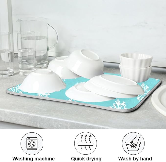 Winter Snowflake Turquoise Dish Drying Mat for Kitchen Countertop 18x24 Christmas Snow Aqua Xmas Large Drying Mat Reusable Quick Dry Dish Sink Mats Easy Clean Decorative Essentials