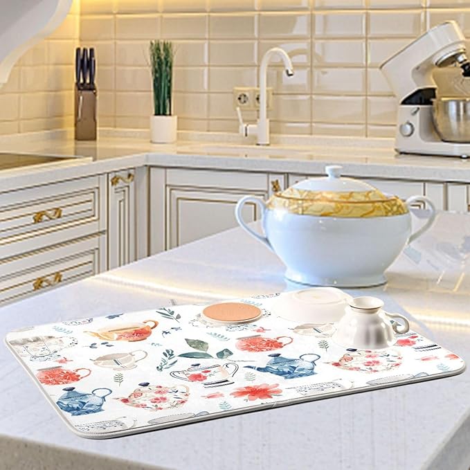 Watercolor Tea Cups Teapots Dish Drying Mat for Kitchen Counter Absorbent Microfiber Drying Pad, Large 18x24 in, Reversible Drainer Mats