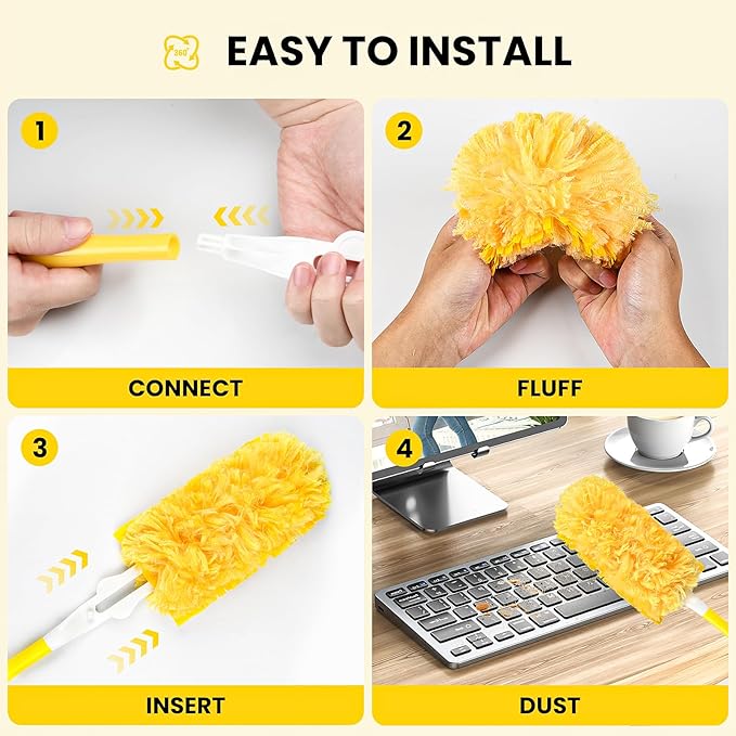 Heavy Duty Duster Refills, Unscented Disposable Dusters Kit for Cleaning Dusting Furniture Blind Ceiling Fan, Electrostatic Lock-Dust Technology 360 Feather Duster，60 Duster Refills and 1 Handle