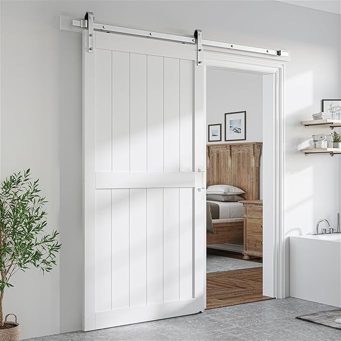 SmartStandard 42 x 84 inch White Sliding MDF Barn Door with 7FT Brushed Nickel Sliding Door Hardware Kit & Handle, Pre-Drilled Ready to Assemble, Waterproof PVC Coating, H-Frame