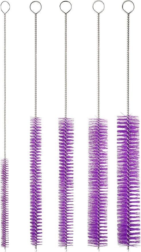 10" Tube Cleaning Brush Set, 5 Pack Large, Extra Long Nylon Straw Brushes with Flexible Handles for Bottles, Cleaning Straws, Pipe Cleaners, Keyboard, Glass, Guns, Detailing and Deep Cleaning, Purple