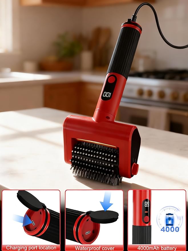 Electric Grill Brush with LED Light, 650 RPM High-Speed Non-Shedding Spinning Cleaner, Removable Washable Brush Head and 2 Scouring Pads, Rechargeable BBQ Cleaning Tool for Outdoor Grilling & Camping