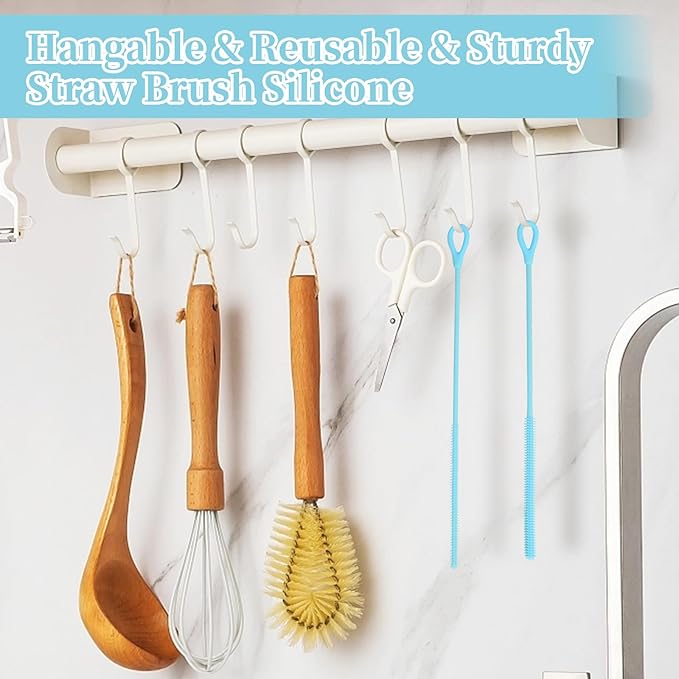 2Pcs silicone straw cleaning brushes, extra long, used for Cleaning Glass Metal Smoothie Straws and StrawCups,Non-slip Handle Soft and Bendable, 6mm+9mm. (Blue)