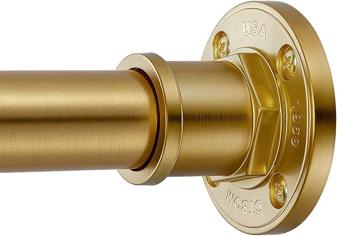 BRIOFOX Industrial Shower Curtain Rod - 2-in-1 Design Tension Curtain Rod - Never Rust Non-Slip 43 to 72 Inch Metal Steel, Gold Window Curtain Rod
