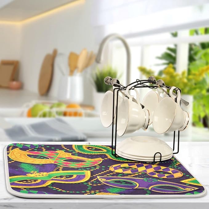 Mardi Gras Dish Drying Mat for Kitchen Mask Beads Confetti Masquerade Party Microfiber Drying Mats Absorbent Reversible Dish Pad Large Dish Draining Mat 18x24 inch