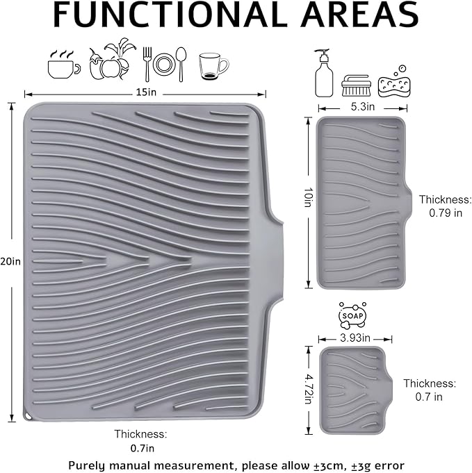 Silicone Dish Drying Mat, Stone Drying Mat for Kitchen Counter with Built-In Drain, Non-Slip Drain Pad with Built-in Drain, Heat Resistant Stone Drying Mat, Grey-1Set, 20" x 15"