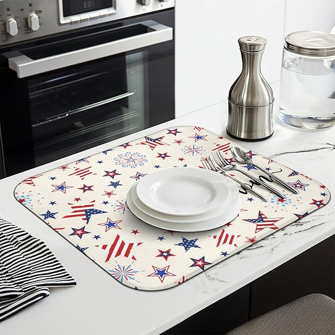 4th of July Dish Drying Mat for Kitchen Counter,Independence Day Stars Memorial Fallen Soldiers Microfiber Drying Mat, Washable Absorbent Patriot Kitchen Countertop Dish Mat Draining Mat 16×18 Inch