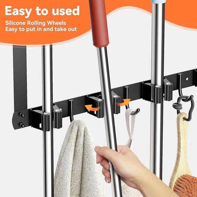 Broom and Mop Holder Over the Door, Broom Holder with 4 Racks and 3 Hooks Metal Broom Organizer Wall Hanging Broom Storage Behind the Door for Closet Kitchen Cabinet Garden