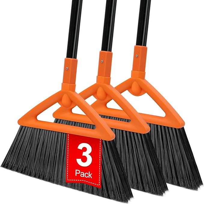 Heavy Duty Angle Broom 3 Pack - Orange Broom for Outdoor & Indoor, Garage, Driveway, Sidewalk, Kitchen & More, Long Handle