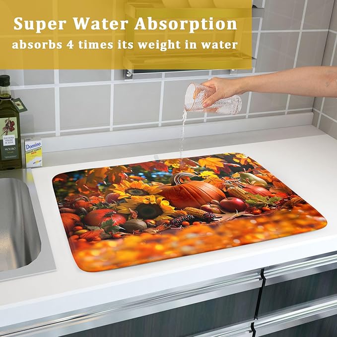 Fall Harvest Pumpkin Dish Drying Mat for Kitchen Counter,Thanksgiving Maple Leaves Sunflower Drying Mat 18 x 24 Inch with Absorbent Reversible Microfiber Dish Drying Pad for Coffee Bar