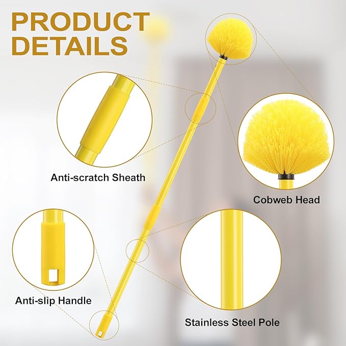 Dusters for Cleaning, Cobweb Duster with Extension Pole, Medium Stiff Bristles Cobweb Duster Head, Ceiling Fan Duster, Yellow, 6 FT