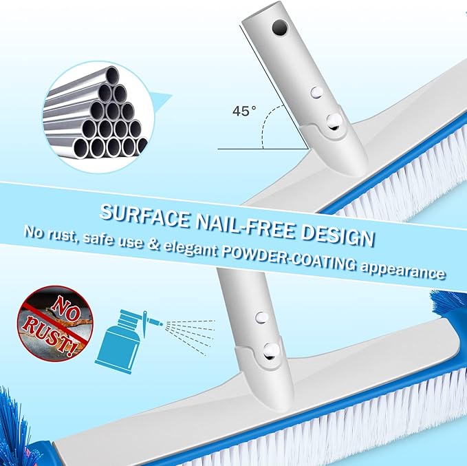 Professional Swimming Pool Brush Head, 17.5'' Aluminum Heavy Duty Pool Brushes for Cleaning Pool Walls, Tiles & Floors, Premium Nylon Bristles Brush with EZ Clips (Round Edge)