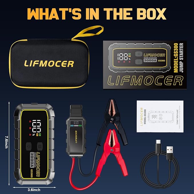 GS300 Portable Jump Starter - 3000A Car Battery Jump Starter for Up to 10.0L Gas and 8.0L Diesel Engines,59.2WH 12V Jump Box with Storage Case USB Quick Charge,LCD Display for Motorcycle,Trucks