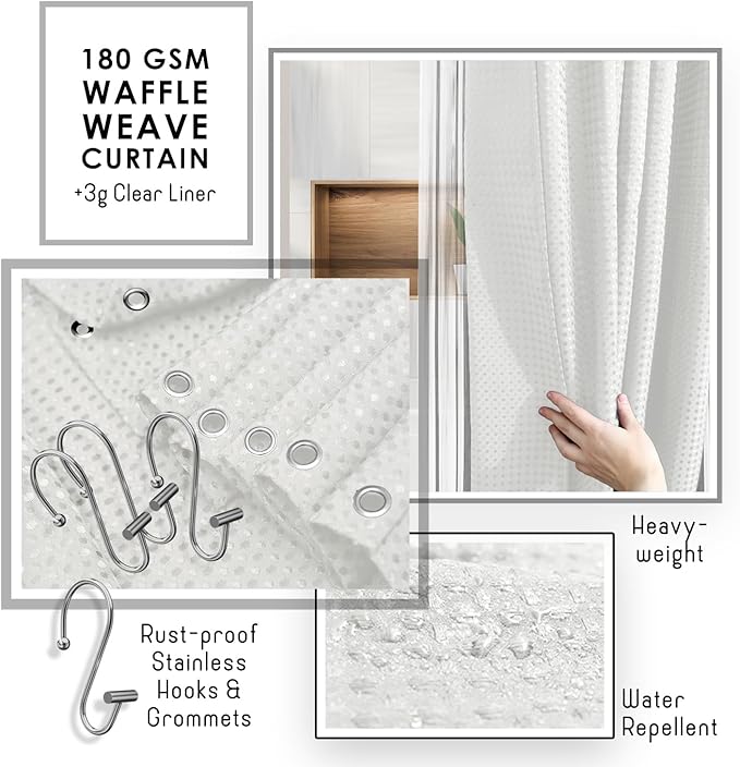 Clara Clark Bathroom Accessories Set - 27PC Bathroom Set with Adhesive Corner Shower Caddy Hanging, Bathroom Sets with Shower Curtain and Rugs, Ombre White Shower Curtain Set with Bathroom Trash Can