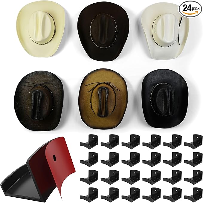 Modern JP Adhesive Hat Hooks for Wall (24-Pack) - Cowboy Hat Rack, Wide Brim Hat Organizer, Strong Hold Hat Hangers for Wall - Black