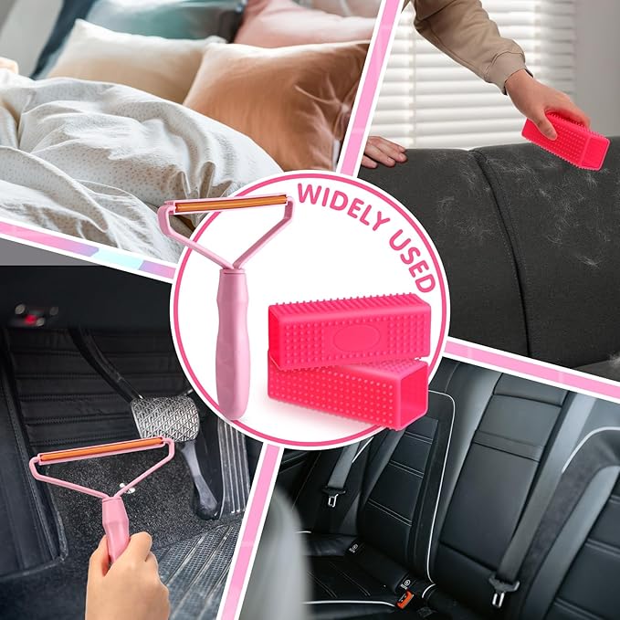 Honeydak 3 Pieces Hair Remover Tool Dog Hair Remover Pro Silicone Cleaner Brush Roller Fuzz Hairball Brush for Carpet Rake, Car Mat, Couch, Pet Bed, Clothes(Pink)