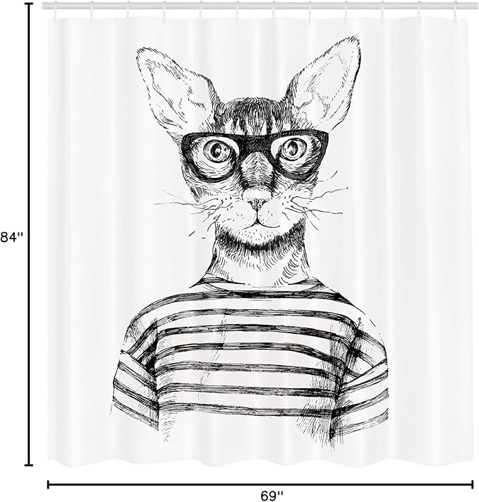 Ambesonne Cat Shower Curtain, Hand Drawn Dressed up Hipster New Age Cat Fashion Urban Free Art Print, Cloth Fabric Bathroom Decor Set with Hooks, 69" W x 84" L, Gray White