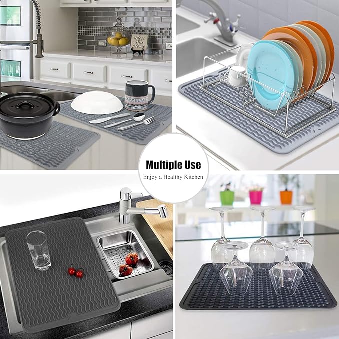 Silicone Dish Drying Mat for Multiple Usage, Easy clean, Eco-friendly, Heat-resistant Dish Drainer Mat for Kitchen Counter,Sink,Refrigerator or Drawer liner (12" x 12", Yellow)