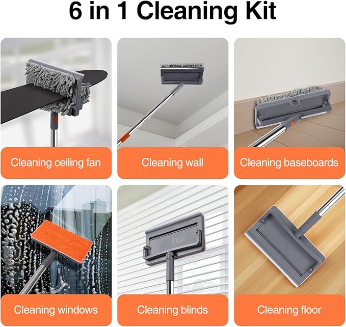 Ceiling Fan Cleaner Duster with 80" Stainless Steel Extendable Pole, 6-in-1 High Reach Fan Duster for Ceiling Fan Blades with 4 Reusable Mop Pads for Fan, Wall, Floor, Blind, Baseboard & Window
