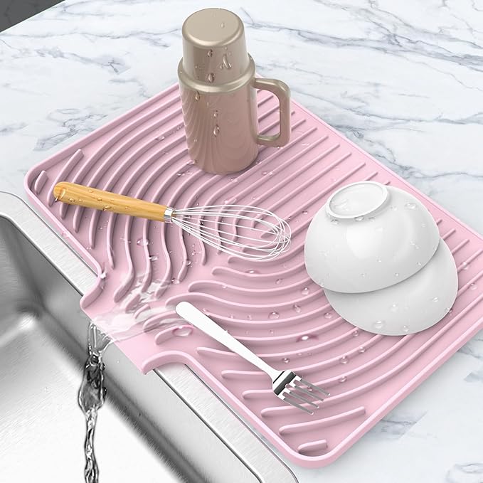 Dish Drying Matt for Kitchen Counter,10"14"18"20"Silicone Dry Rack Mat with Built in Drain, Kitchen Dry Mats for Dishes Drying Pad for Counter(18"×12"Pink)