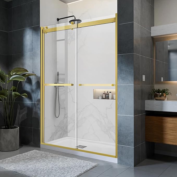 Sliding Shower Door, 60" W x 76" H Semi-Frameless Double Sliding Glass Shower Door with 5/16'' (8mm) Clear ASNI SGCC Tempered Glass, Bypass Shower Enclosure, Brushed Gold