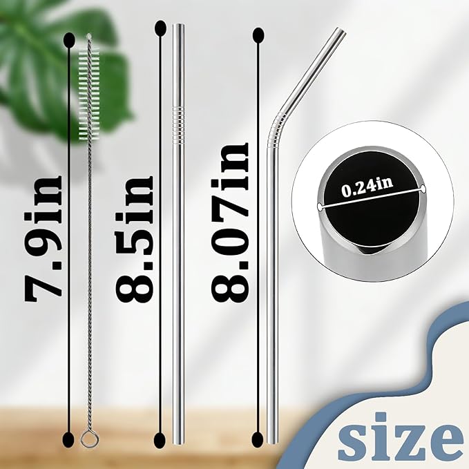 16-Pack Stainless Steel Straw,Reusable Straws – 8 Straight & 8 Bent (8.5 Inch) Metal Drinking Straws with 4 Cleaning Brushes,Replacement Straws,Dishwasher Safe,Ideal for Home,Travel