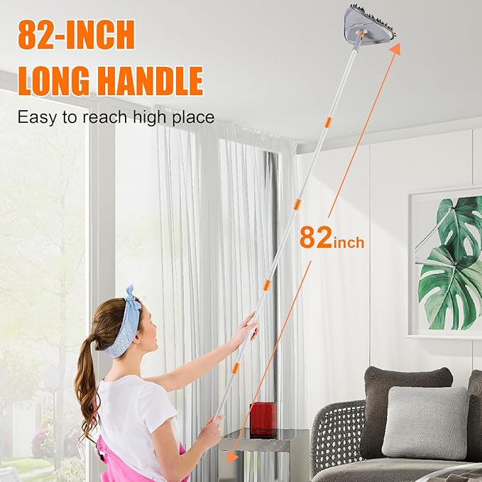 Wall Cleaner Mop with Long Handle 82 Inches, 3-in-1 Ceiling Cleaning Tool Duster Adjustable Length with Replacement Microfiber Chenille Pads (4 Pads)