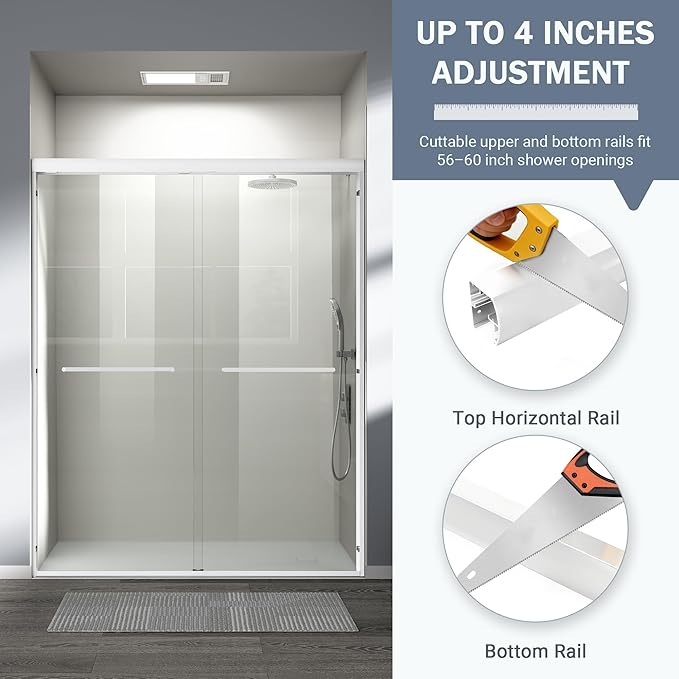 Abruzzo 56" - 60" Adjustable Width Double Sliding Shower Door - Semi-Frameless 72" Tall Bath Enclosure with 1/4" Tempered Glass, White Aluminum Frame for Walk-in Showers