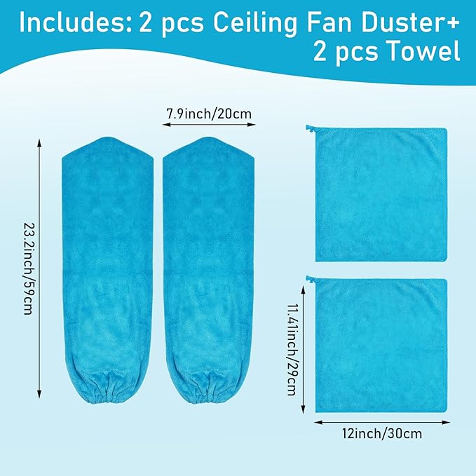 4 PCS Ceiling Fan Duster Kits,100% Microfibre Fan Blade Cleaner for high Ceiling Fan Blades.Machine Washable and Reusable,Includes 2 Ceiling Fan dusters and 2 Microfibre Towels (Blue)