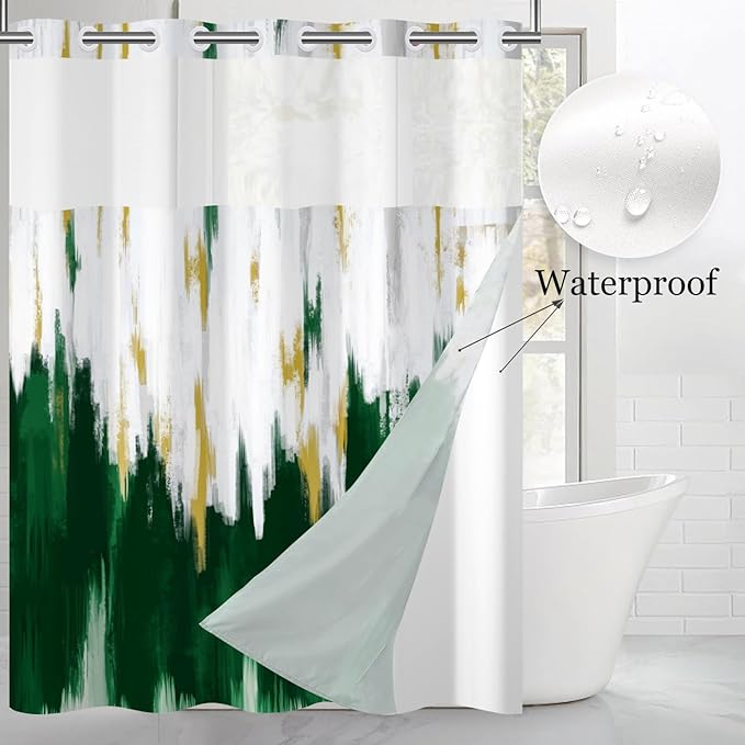 No Hook Shower Curtain with Snap in Liner, Hotel Style Dark Green White Gold Brush Strokes Art Modern Shower Curtain Waterpoof Washable with See Through Top Window,71"x71"