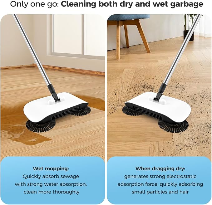 Manual Floor Sweeper Black - 7 Replacement Parts, Dry Wet Pickup for Hardwood Tile Marble, Pet Hair Small Debris Cleaner, No Power Needed, Home Office Use