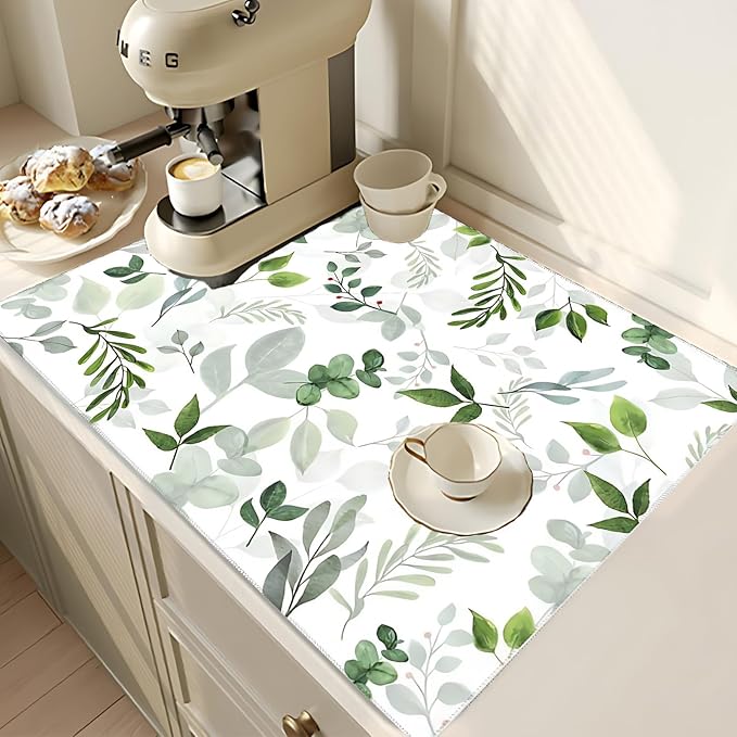 Green Leaves Dish Drying Mat 18x24 inches Microfiber Absorbent Fast Dry Mat for Kitchen Counter Coffee Bar Green Plants Large Drying Mat Kitchen Decor Gifts (Green Leaves, 18x24 inches)