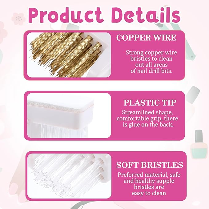 4 Pcs Nail Drill Wire Cleaner Brush Nail Art Cleaning Tool Manicure Wire Drill Cleaner Polishing Grinding Head Copper Brush for Salon or Home Use
