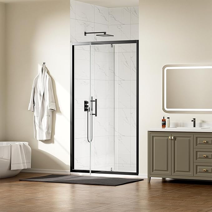 WinZo 41-42" W ×72" H Pivot Shower Door, 1/4"(6mm) SGCC Clear Tempered Glass Shower Door with Explosion Film, Nano Easy-Clean Coating, Reversible Installation, Matte Black