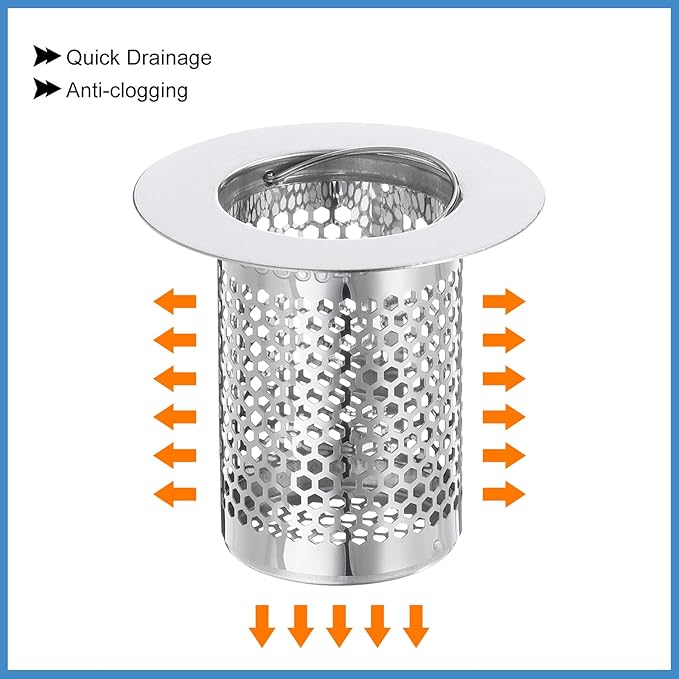 uxcell 2 Pack Shower Drain Strainers, 2" x 2.2" Stainless Steel Floor Drain Strainer Deep Sink Hair Catcher for Kitchen Bathroom Balcony Floor Drain, Fit Hole Size 1.38" to 2.17"